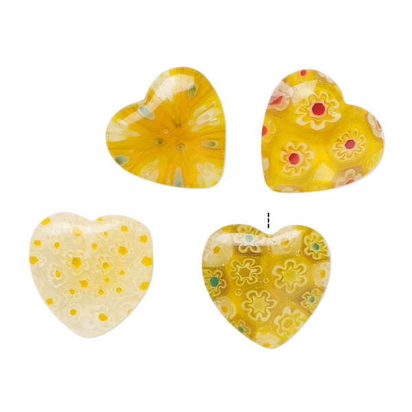 Bead, millefiori glass, translucent yellow and multicolored, 18-20mm half-drilled puffed heart. Sold per pkg of 4. image number 0