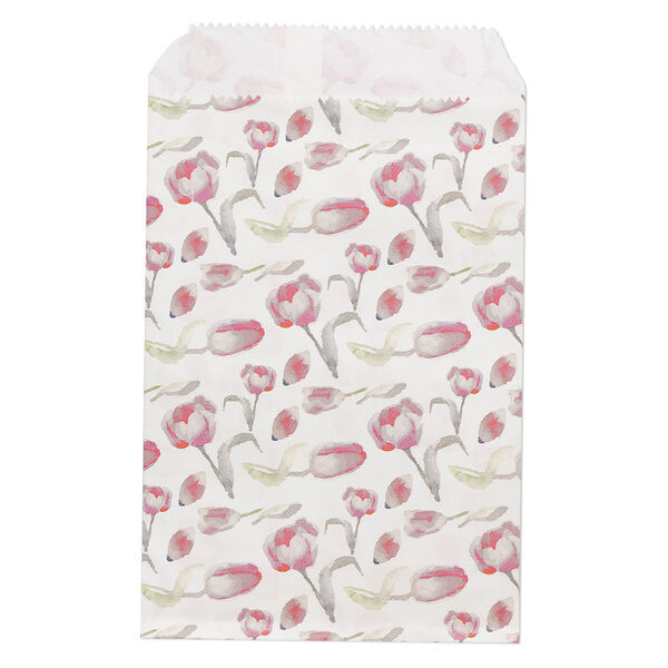 Bag, paper, pink / green / white, 6x4 inches with tulip design and scalloped top edge. Sold per pkg of 100. image number 0