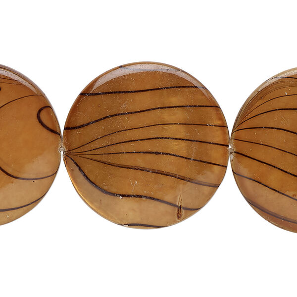 Mother-of-pearl shell 1pkg1, puffed flat round / black stripe bead 15 inch brown 24-25mm image number 0