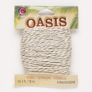 Cord, cotton, tan and silver, 1mm twisted round. Sold per 18-meter pkg.