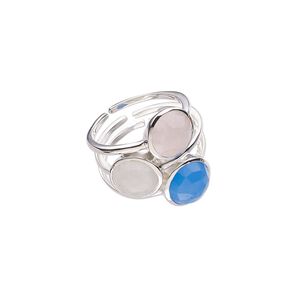 Ring, rainbow moonstone / blue chalcedony (natural / dyed) / gold-finished sterling silver, 24mm wide, size 10. Sold individually.