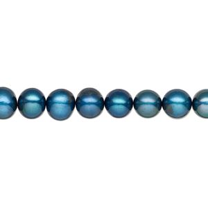 Pearl, cultured freshwater pearl (dyed), ocean blue, 6-7mm semi-round, C grade, Mohs hardness 2-1/2 to 4. Sold per 15" strand, approximately 60 beads.