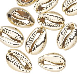 Component, electroplated cowrie shell, gold, 16x11mm-19x12mm hand-cut cowrie, Mohs hardness 3-1/2. Sold per pkg of 10.