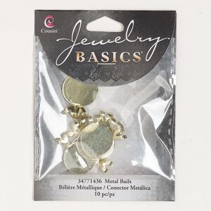 Bail, pendant, gold-finished steel, 23x16mm with 16mm round flat pad. Sold per pkg of 10.