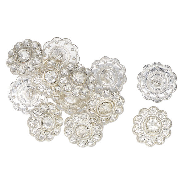 Clasp, button, silver-finished "pewter" (zinc-based alloy) and glass, clear, 14mm flower. Sold per pkg of 12. image number 0