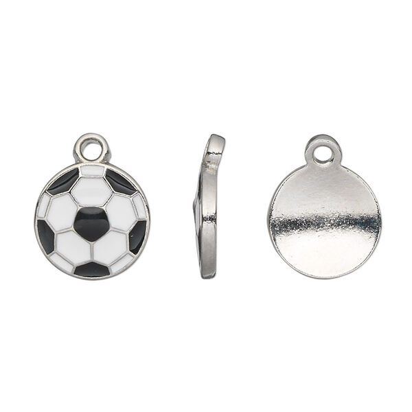Charm, epoxy and pewter (tin-based alloy), white and black, 12.5mm single-sided soccer ball. Sold per pkg of 2. image number 0