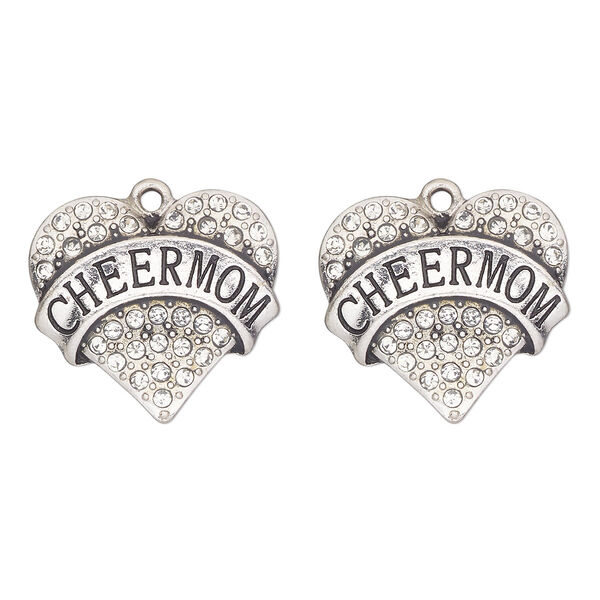 Charm, antique silver-finished "pewter" (zinc-based alloy) and glass, clear, 25x22mm heart with "cheer mom". Sold per pkg of 2. image number 0