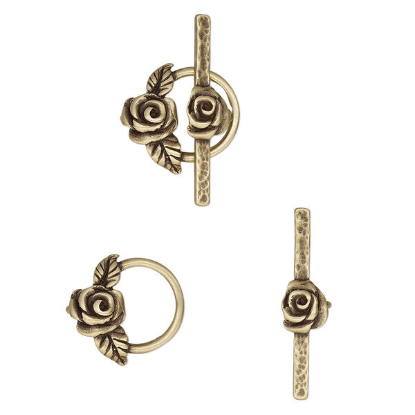 Clasp, JBB Findings, toggle, antiqued brass, 17.5x16.5mm round with rose and leaves. Sold individually. image number 0
