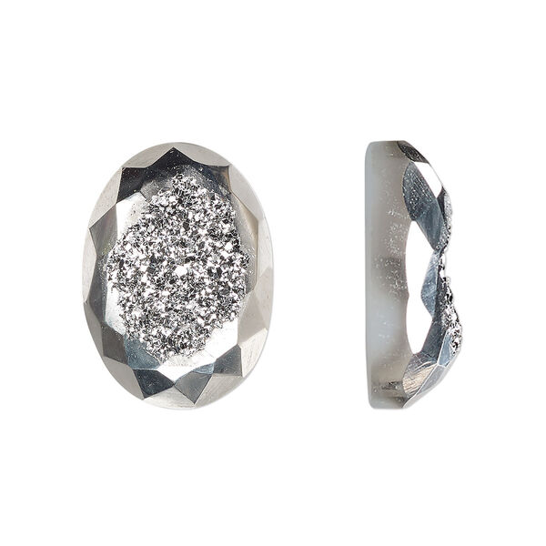 Cabochon, druzy agate (coated), silver, 18x13mm hand-cut loosely calibrated faceted oval, B grade, Mohs hardness 7. Sold individually. image number 0