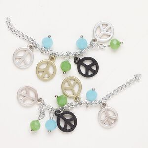 "Pewter" (zinc-based alloy) / aluminum / glass 1pkg2, curb chain / faceted round / peace sign charm matte mixed finishes / blue / green 2.75 inch / 6mm / 12mm