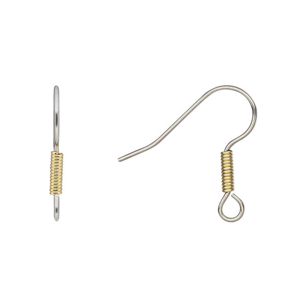 Ear wire, stainless steel and gold-finished brass, 19mm fishhook with 6x2mm coil and open loop, 21 gauge. Sold per pkg of 25 pairs. image number 0