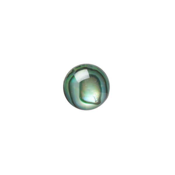 Cabochon, paua shell (coated / dyed), green, 10mm calibrated round, Mohs hardness 3-1/2. Sold per pkg of 6. image number 0