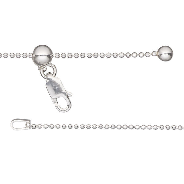Chain, Gossamer™, sterling silver and silicone, 1.2mm ball chain with 4mm ball and 5mm adjustable slider bead, adjustable from 16 to 24 inches with lobster claw clasp. Sold individually. image number 0