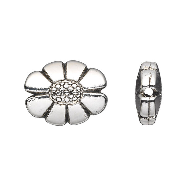 Bead, antiqued silver-finished copper-coated plastic, 20x15mm double-sided oval flower. Sold per 50-gram pkg, approximately 40 beads. image number 0