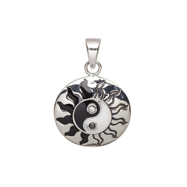 Pendant, antiqued sterling silver / cubic zirconia / enamel, black / white / clear, 18mm single-sided domed round with yin-yang and sun designs. Sold individually. image number 0