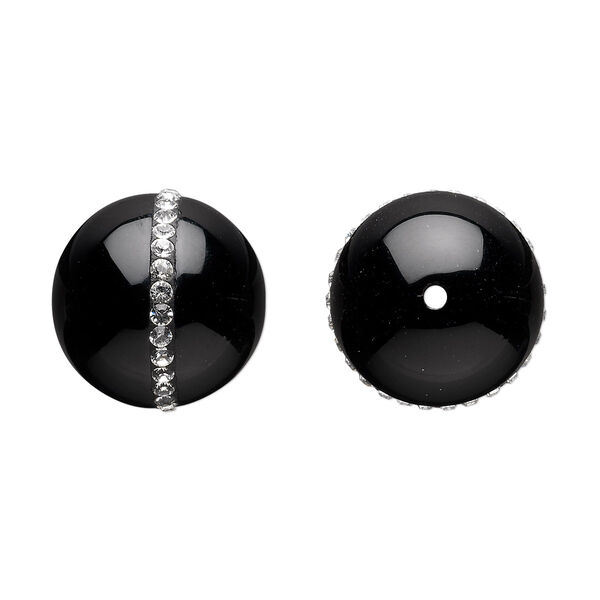 Bead, black onyx (dyed) and crystals, crystal clear, 20mm round with 2mm chatons, B grade, Mohs hardness 6-1/2 to 7. Sold individually. image number 0
