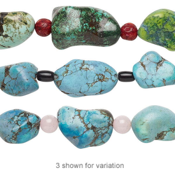 Bead mix, "turquoise" (imitation) resin and multi-gemstone (natural / dyed / heated / assembled) / glass, multicolored, 6x4mm barrel / 6mm round / medium nugget. Sold per pkg of 7. image number 0