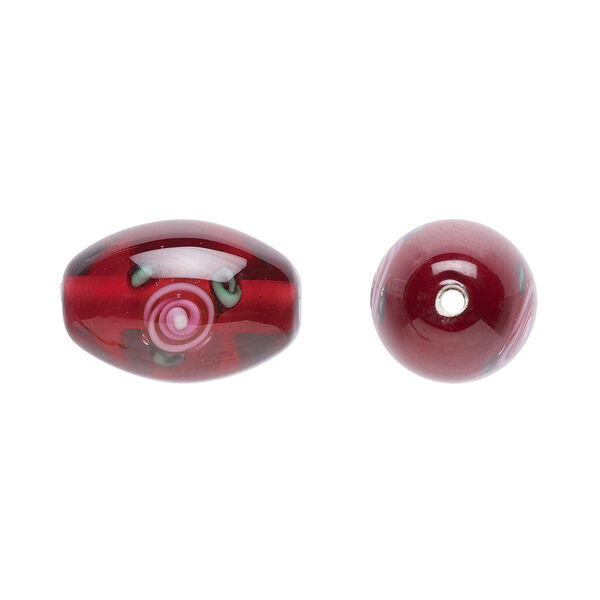 Bead, Czech lampworked glass, opaque red / pink / green, 15x10mm-16x11mm olive with flower design. Sold per pkg of 2. image number 0