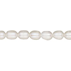 Pearl, cultured freshwater (bleached), white, 6mm rice, D grade, Mohs hardness 2-1/2 to 4. Sold per 14-inch strand.