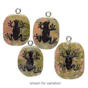 Focal, silver-finished steel / unakite (natural) / enamel, black, 29x24mm-36x30mm freeform with frog, Mohs hardness 6-7. Sold individually.