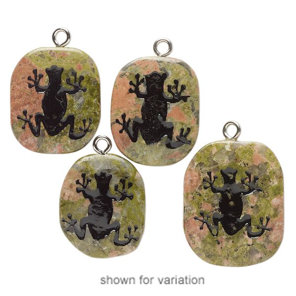 Focal, silver-finished steel / unakite (natural) / enamel, black, 29x24mm-36x30mm freeform with frog, Mohs hardness 6-7. Sold individually. image number 0