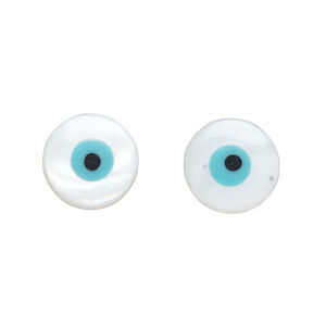 Mother-of-pearl shell 1pkg2, round cab aqua blue / black "evil eye design" 13mm