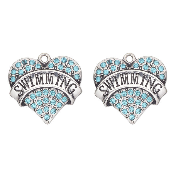 Charm, antique silver-finished "pewter" (zinc-based alloy) and glass, aqua blue, 24x22mm and single-sided heart with "swimming". Sold per pkg of 2. image number 0