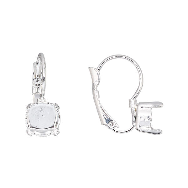 Ear wire, silver-plated brass, 18mm leverback with SS39 4-prong chaton setting. Sold per pair. image number 0