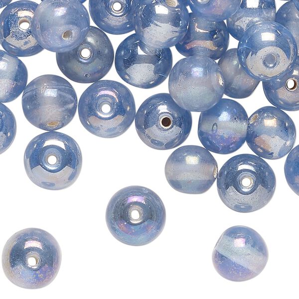 Bead, glass, translucent iridescent blue, 8mm round. Sold per 2-ounce pkg, approximately 80 beads. image number 0
