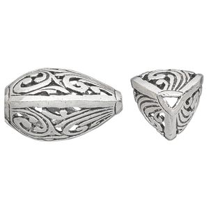 Bead, antique silver-plated white brass, 30x18mm fancy puffed triangle with open swirls. Sold individually.