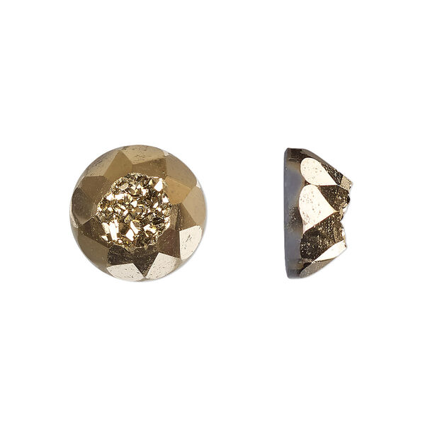 Cabochon, druzy agate (coated), golden, 12mm hand-cut loosely calibrated faceted round, B grade, Mohs hardness 7. Sold individually. image number 0
