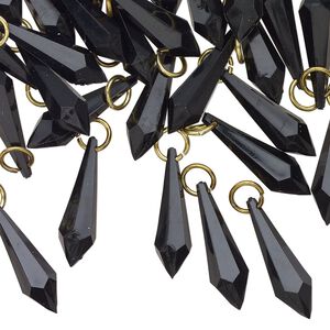Drop, gold-finished brass and acrylic, black, 26x7mm faceted teardrop. Sold per pkg of 50.