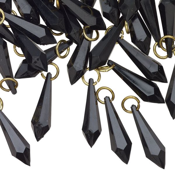 Drop, gold-finished brass and acrylic, black, 26x7mm faceted teardrop. Sold per pkg of 50. image number 0