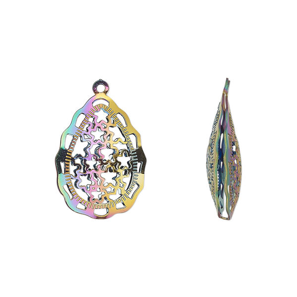 Drop, electro-coated stainless steel, rainbow, 18x13.5mm double-sided domed teardrop with textured cut-out stars design. Sold per pkg of 6. image number 0