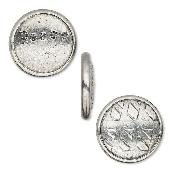 Snap cap, TierraCast®, glue-on. antique pewter (tin-based alloy), 17.5mm single-sided textured round and "peace." Sold per pkg of 2. image number 0
