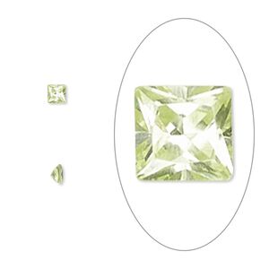 Gem, cubic zirconia, peridot green, 3mm faceted square, Mohs hardness 8-1/2. Sold per pkg of 5.