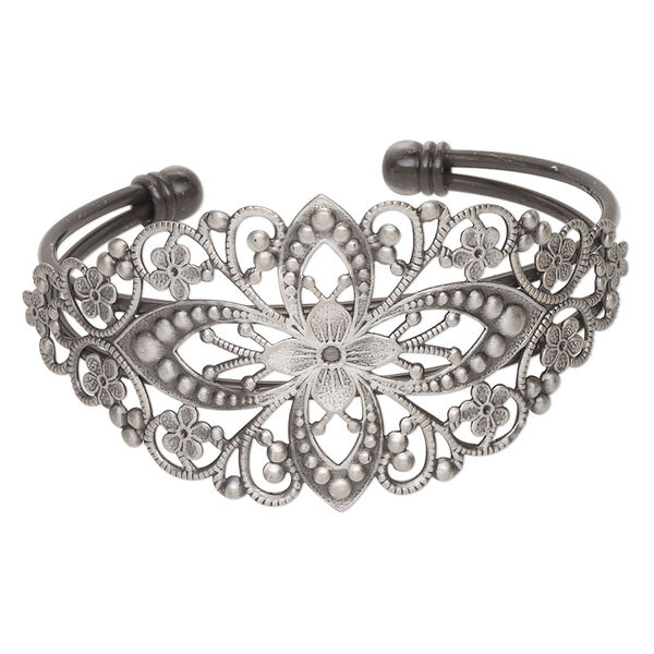 Bracelet, cuff, antique silver-plated brass, 35mm wide with filigree flower design, adjustable from 6-7 inches. Sold individually. image number 0