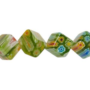 Bead, millefiori glass, light green, 13-15mm diagonally drilled cube with flower and stripe design. Sold per 14-inch strand.