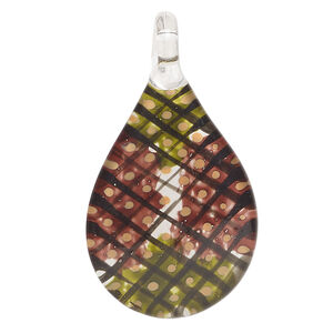 Focal, lampworked glass 1pkg1, opaque multicolored, 42x24mm single-sided teardrop with checkerboard pattern.