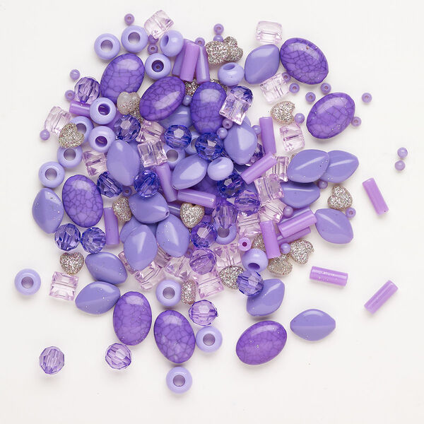 Acrylic 1pkg96, mixed shapes bead mix multi-purple / pink / glitter 4x3mm-20x14mm image number 0
