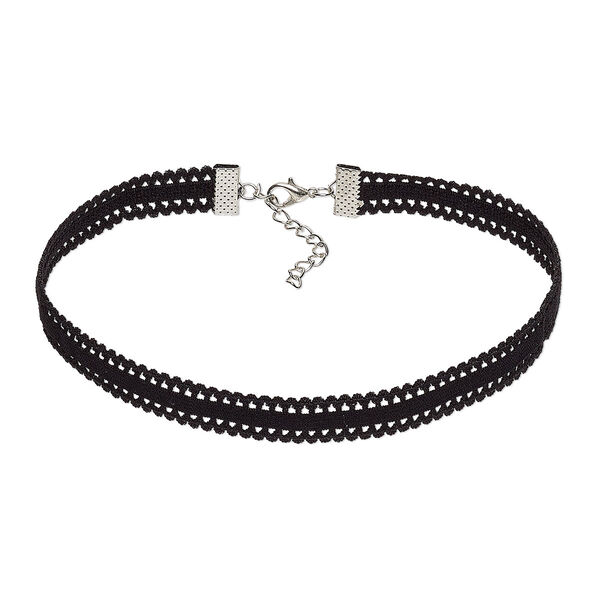 Necklace, choker, nylon and imitation rhodium-finished steel, black, 13mm wide with points pattern, 13 inches with 2-inch extender chain and lobster claw clasp. Sold per pkg of 2. image number 0