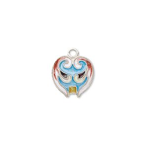 Drop, sterling silver with cloisonné, light blue, 14x12mm mask. Sold individually.