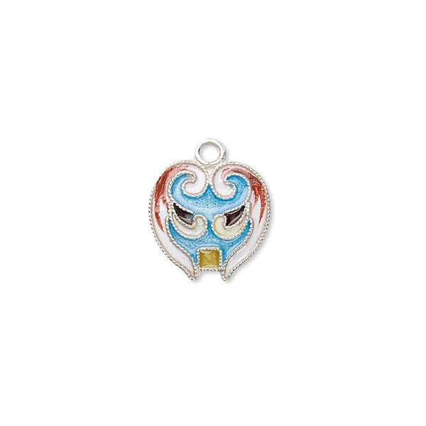 Drop, sterling silver with cloisonné, light blue, 14x12mm mask. Sold individually. image number 0