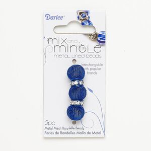 Bead, glass rhinestone with painted steel and "pewter (zinc-based alloy), royal blue and clear, 12x4mm rondelle and 14x11mm-14x13mm mesh rondelle, 5mm hole. Sold per pkg of 5.