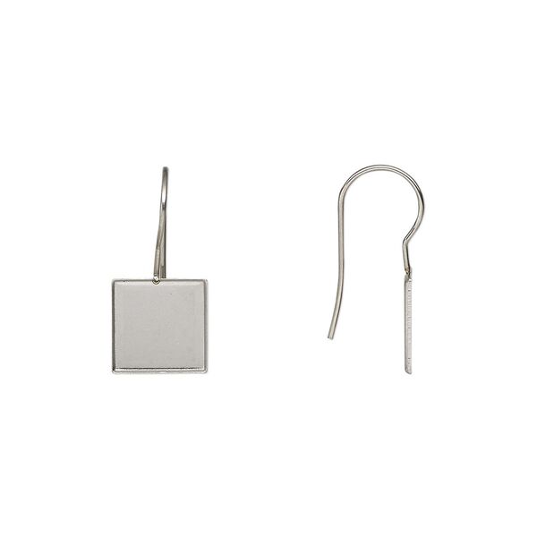 Ear wire fishhook 1pkg4 Almost Instant Jewelry®, 23mm / 10mm square glue-in setting, 21 gauge stainless steel 2 pair image number 0