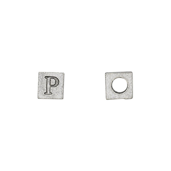 Bead, antiqued pewter (tin-based alloy), 7mm cube with Greek letter, RHO. Sold per pkg of 4. image number 0