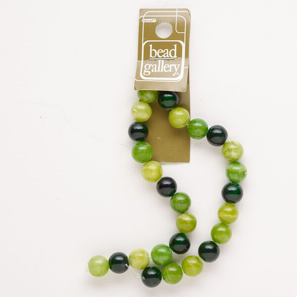 Bead, quartzite (dyed), opaque and translucent green, 10mm round, C grade, Mohs hardness 7. Sold per 10-inch strand, approximately 25 beads. image number 0