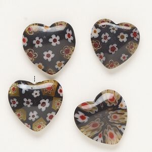 Bead, millefiori glass, black and translucent multicolored, 18-20mm half-drilled puffed heart. Sold per pkg of 4.