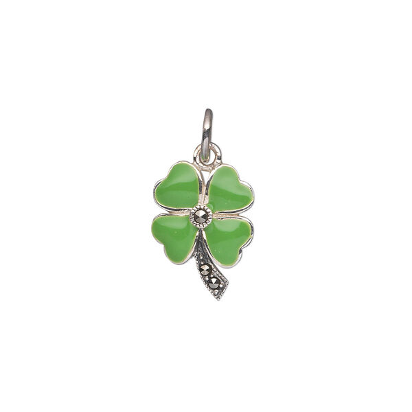 Charm, Signity® marcasite (natural) / epoxy / antiqued sterling silver, green, 15x11mm single-sided 4-leaf clover. Sold individually. image number 0