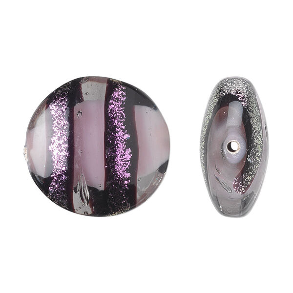 Bead, dichroic glass, black/purple/clear, 21x11mm puffed flat round. Sold per pkg of 2. image number 0